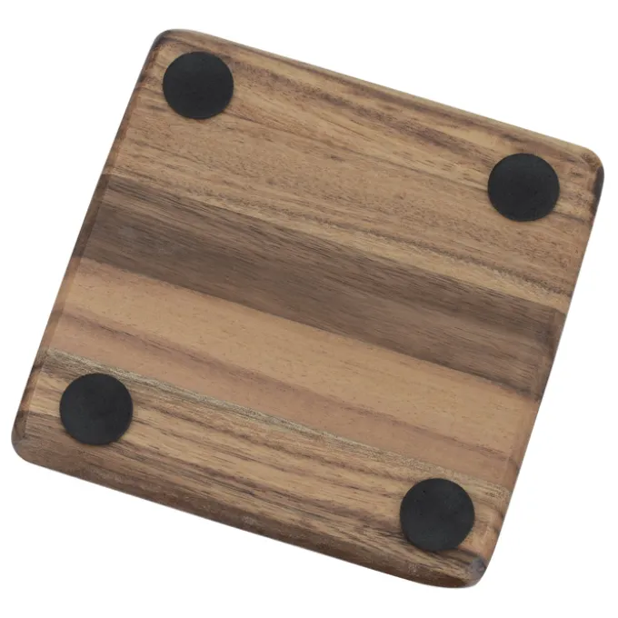 Acacia Wood 4-Piece Coaster Set in Metal Stand - Square