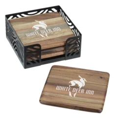 Acacia Wood 4-Piece Coaster Set in Metal Stand - Square