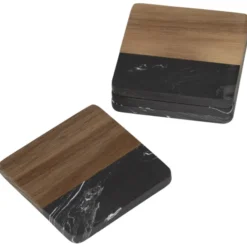 Black Marble and Wood Coaster Set