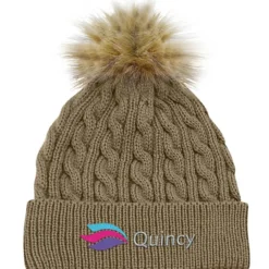 Cable Knit Beanie with Faux Fur Pom Pom