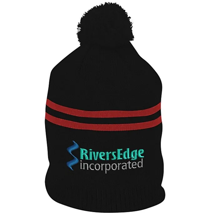 Double Stripe Pom Pom Beanie
