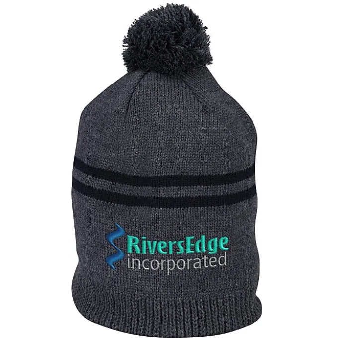 Double Stripe Pom Pom Beanie