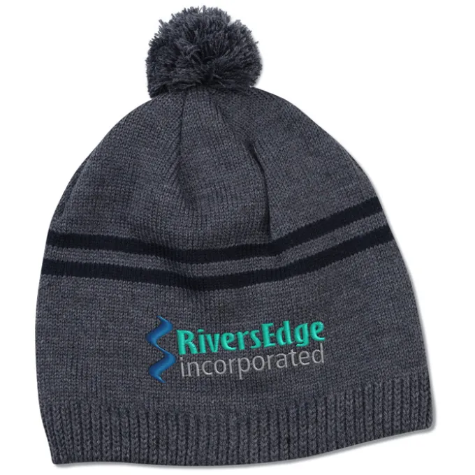 Double Stripe Pom Pom Beanie