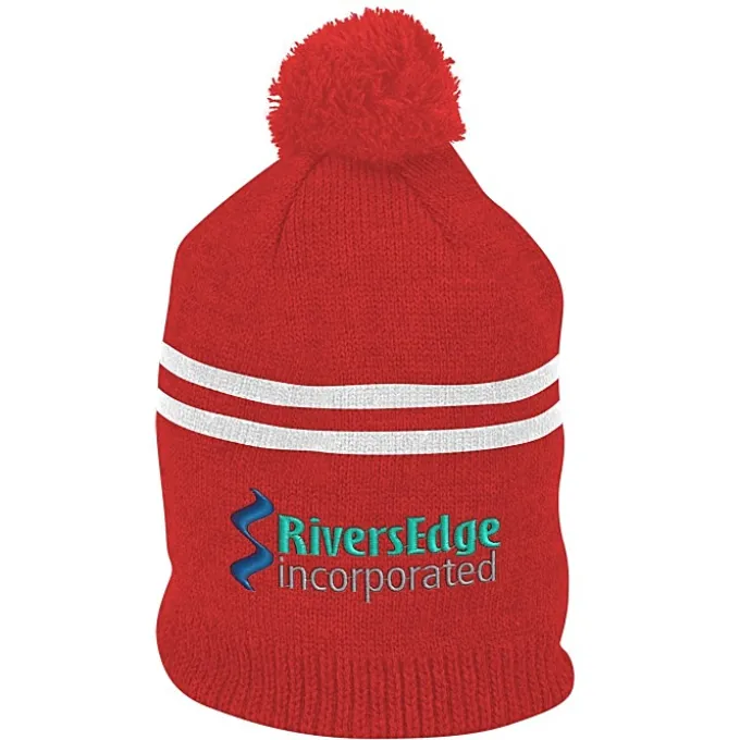 Double Stripe Pom Pom Beanie