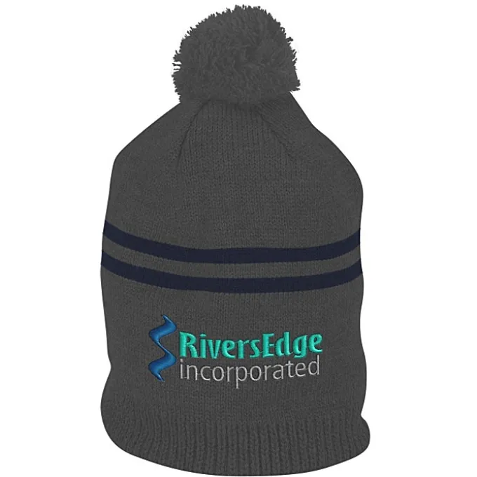 Double Stripe Pom Pom Beanie