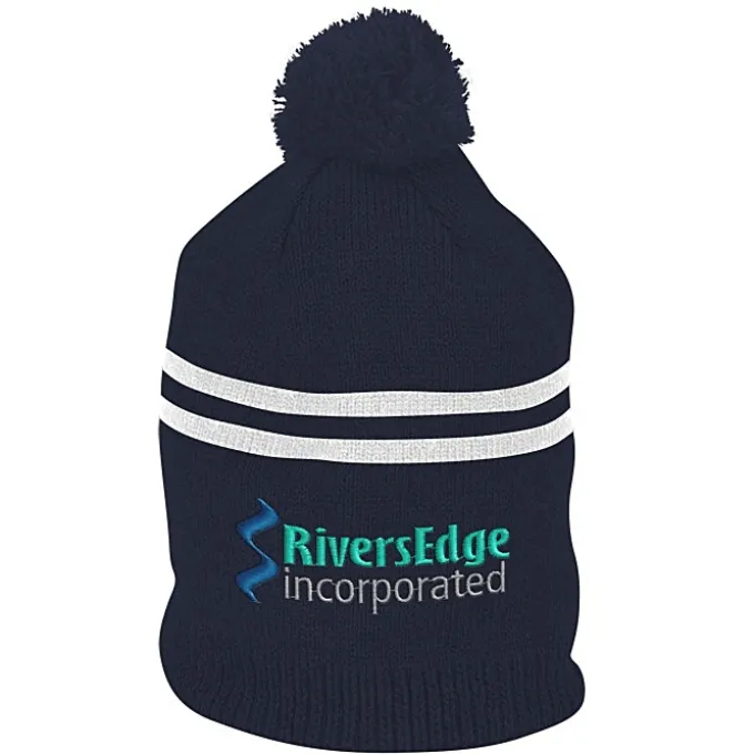 Double Stripe Pom Pom Beanie