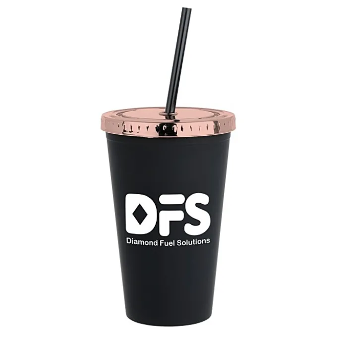 Matte Rubberized Tumbler with Straw - 16 oz. - Metallic Lid