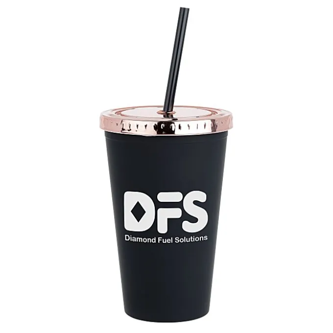 Matte Rubberized Tumbler with Straw - 16 oz. - Metallic Lid