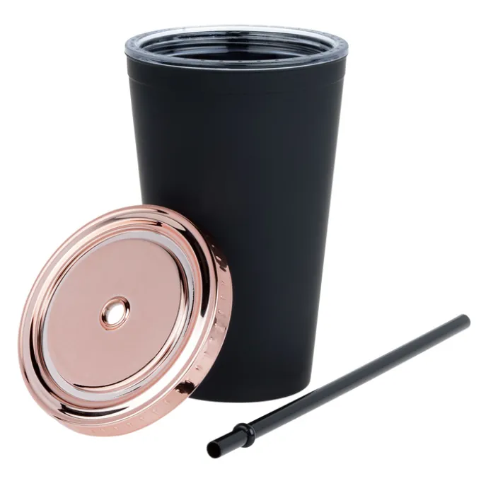 Matte Rubberized Tumbler with Straw - 16 oz. - Metallic Lid
