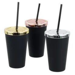 Matte Rubberized Tumbler with Straw - 16 oz. - Metallic Lid