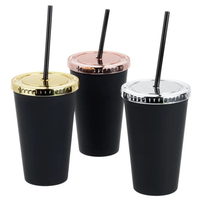 Matte Rubberized Tumbler with Straw - 16 oz. - Metallic Lid