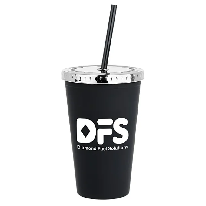 Matte Rubberized Tumbler with Straw - 16 oz. - Metallic Lid