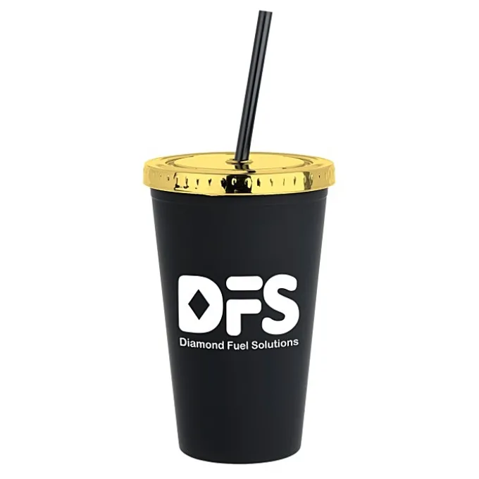 Matte Rubberized Tumbler with Straw - 16 oz. - Metallic Lid
