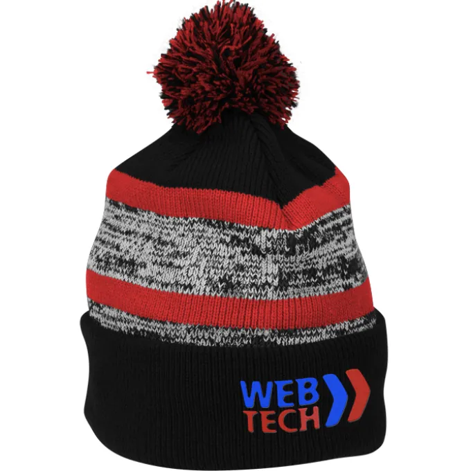 Melange Striped Pom Pom Cuffed Beanie