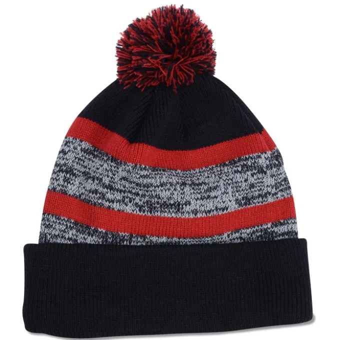 Melange Striped Pom Pom Cuffed Beanie