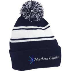 Pom Pom Cuff Beanie with Stripes