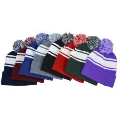 Pom Pom Cuff Beanie with Stripes