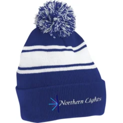 Pom Pom Cuff Beanie with Stripes