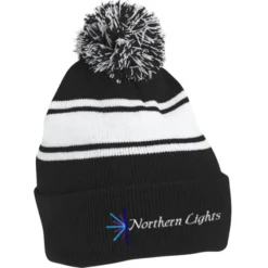 Pom Pom Cuff Beanie with Stripes
