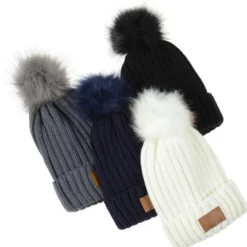Rib Knit Beanie with Fur Pom Pom
