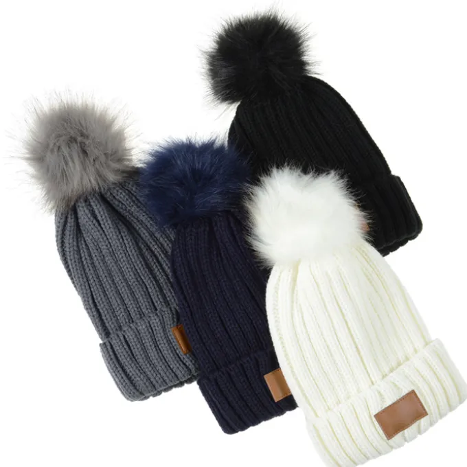 Rib Knit Beanie with Fur Pom Pom