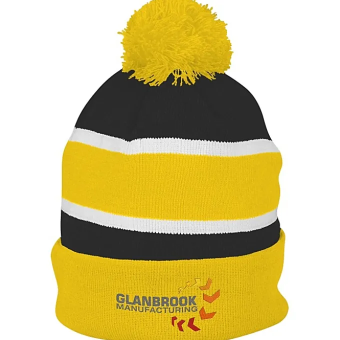 Striped Pom Pom Cuffed Beanie