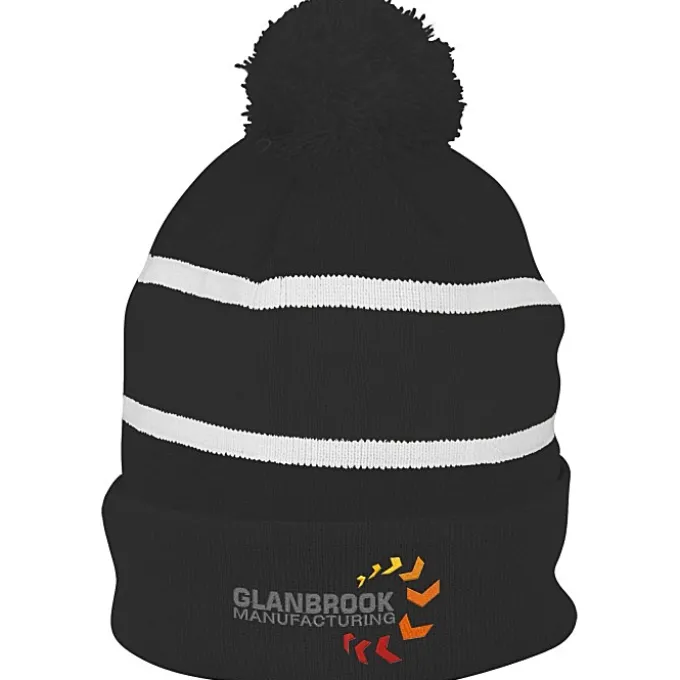 Striped Pom Pom Cuffed Beanie