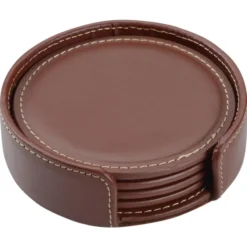 Vintage Round Bonded Leather Coaster Set